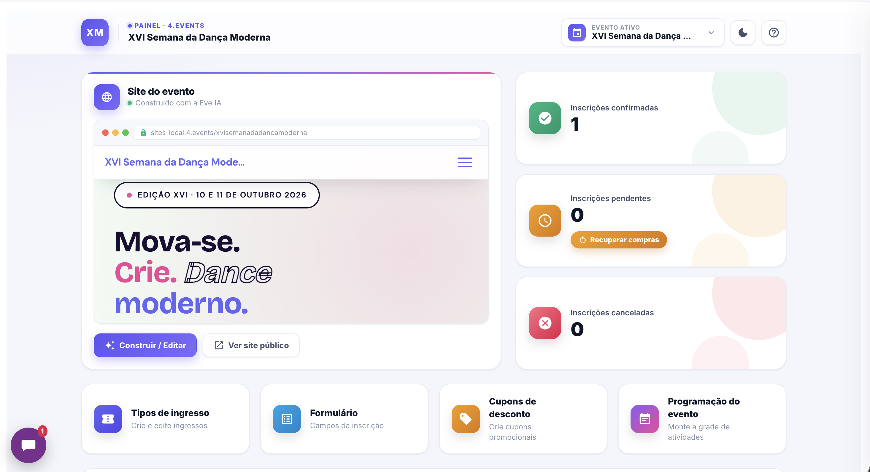 Painel do 4.events Light com o site do evento criado pela Eve IA