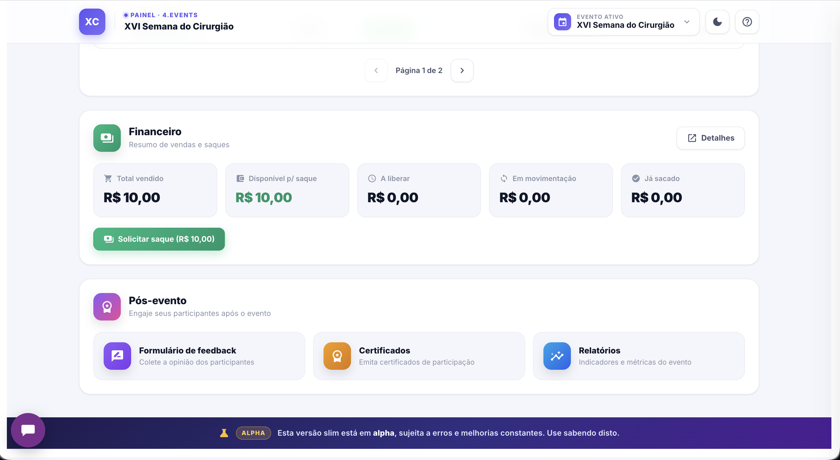 Financeiro, certificados, relatórios e feedback no 4.events Light